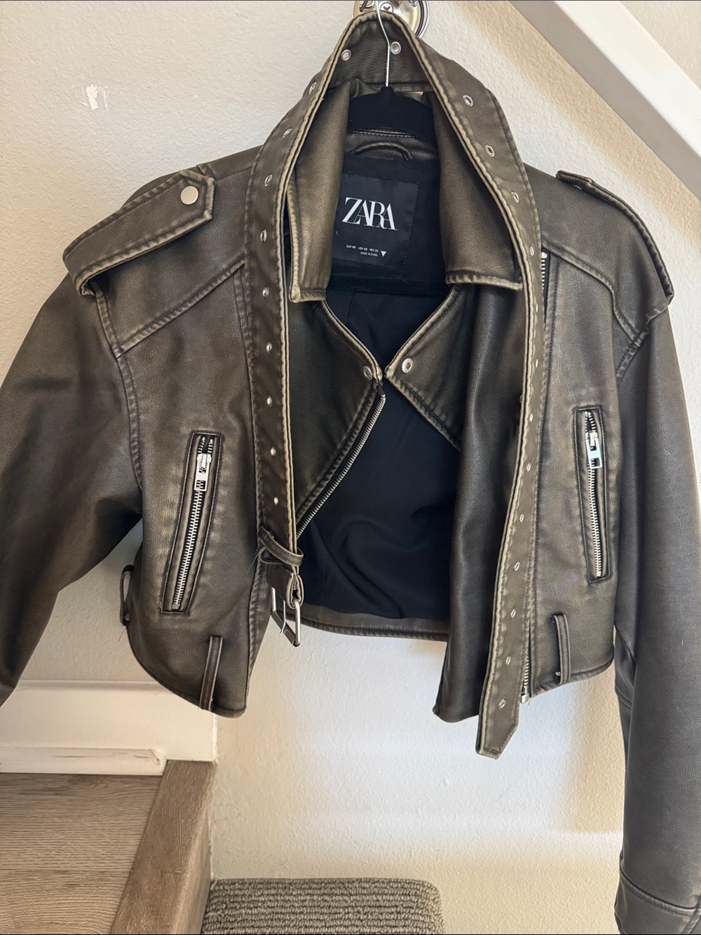 Zara Olive/brown Distressed Cropped Leather Moto Jacket